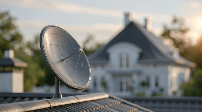 Satellite internet, rooftop dish antenna receives and transmits communication signals to provide high-speed broadband connectivity for a residential home.