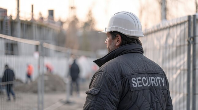 Construction security, security guard monitors access and worker safety at a building site, protecting the restricted area from unauthorized entry.