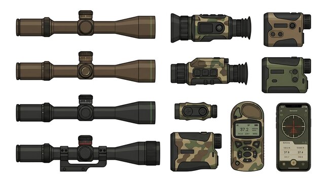 Tactical rifle scopes and hunting optics set, camouflage rangefinders and thermal sights, military precision targeting gear