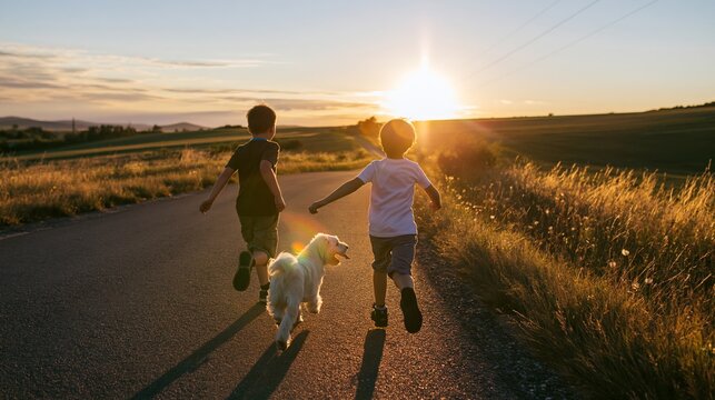 Children and dog running on country road at sunset, enjoying freedom, childhood adventure, and friendship