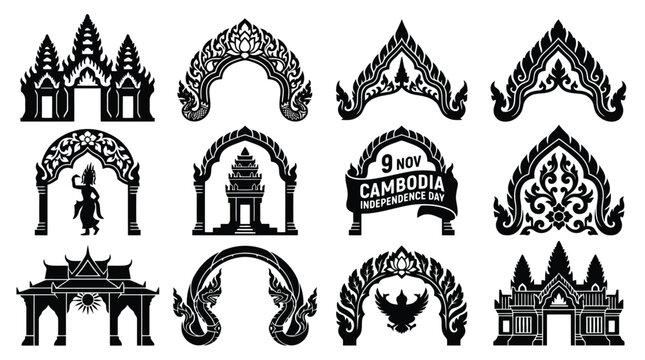 Cambodian traditional ornaments and temple gate silhouettes, 12 Khmer architectural icons, Independence Day decorative elements