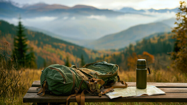 Backpack, map and thermos on a table in the mountains