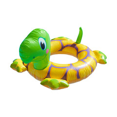 Children's inflatable swimming ring shaped like a friendly green and yellow turtle with flippers and a head, kids pool toy, water tube, inflatable floatie, swimming ring, pool party accessory © Nabila