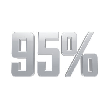 Shiny metallic 95 percent symbol with three dimensional numbers isolated on a solid dark background, ninety five percent isolated on a transparent background