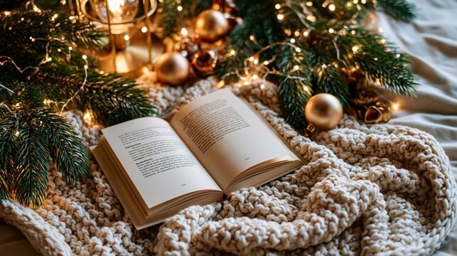 Cozy open book resting on a chunky knit blanket, surrounded by festive Christmas tree branches, warm fairy lights, and golden ornaments.