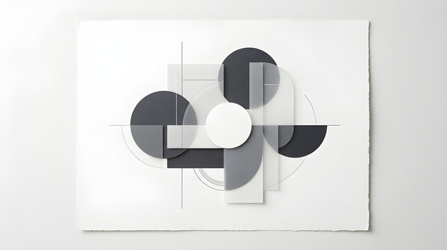 Abstract geometric composition with layered circles and rectangles in monochrome shades.