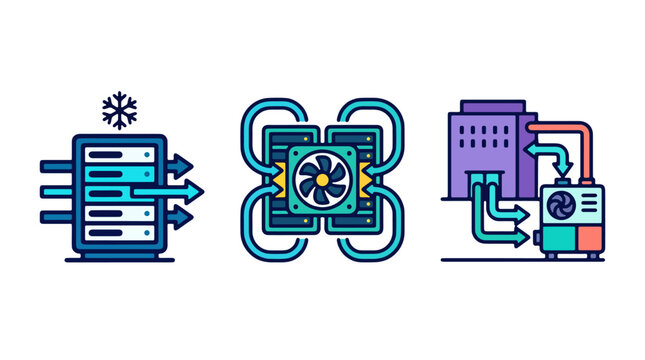 Data center cooling system icon set showing server rack ventilation industrial hvac chiller unit computer airflow circulation and infrastructure thermal management