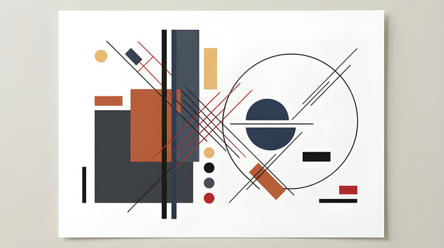 Abstract geometric composition with Bauhaus style shapes and lines on white background