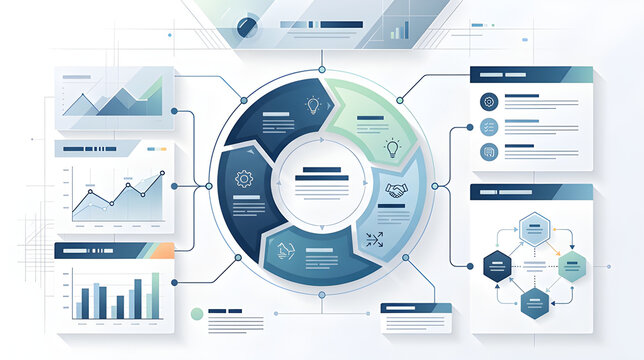 Business process cycle diagram with data charts and analytics infographics for strategy.