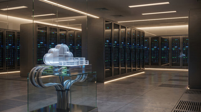 Glowing holographic cloud computing icon sitting on a sleek metal networking switch with fiber optic cables under soft ambient lighting