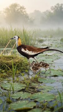 Pheasant-Tailed Jacana Walking on Lily Pads with Chicks