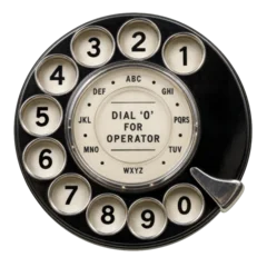 Vintage rotary telephone dial isolated on a transparent background, featuring black and chrome numbers and "DIAL '0' FOR OPERATOR" text. © juanorihuela