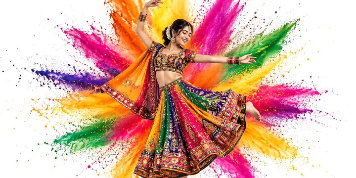 Indian woman dancing in traditional lehenga, colorful holi powder splash background, vibrant cultural celebration