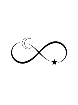 Black ink infinity symbol tattoo design with a crescent moon and star isolated