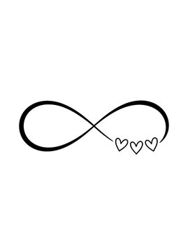 Black infinity symbol with three small hearts isolated on a transparent background