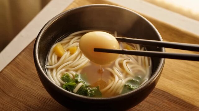 Chopsticks lift a boiled egg above a dark bowl of noodle soup, revealing pale noodles, leafy greens and clear broth on a wooden table in warm natural window light