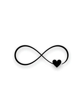 Black infinity symbol with a heart icon isolated on a white background