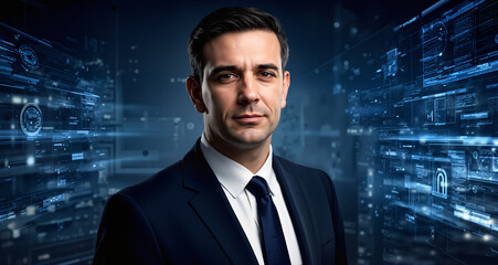Fototapeta premium He is a portrait of modern power, a man built of data and ambition. 
