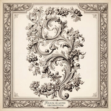Engraved acanthus scroll ornament in classical frame with Latin caption
