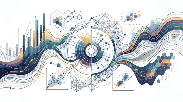 Abstract data visualization with flowing charts and digital network nodes on white background