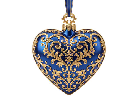 Deep blue heart glass christmas ornament featuring intricate gold leaf scrollwork pattern ornament christmas decoration scrollwork