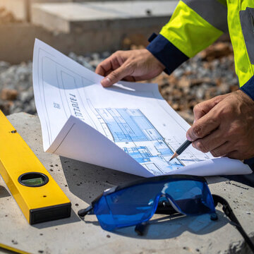A civil engineer reviews architectural blueprints at a busy construction site, planning future infrastructure with precision. This professional concept evokes dedication, safety, and expertise.