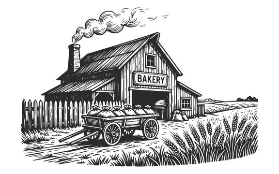 rural bakery with a cart and a wheat field, cart with sacks of flour or grain, vector illustration. for bakery branding, farm product packaging, vintage labels, retro posters, and rustic logo design.