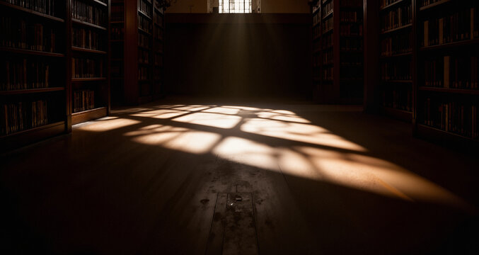 The shadows of the library stretch out, creating an illusion of depth and mystery.
