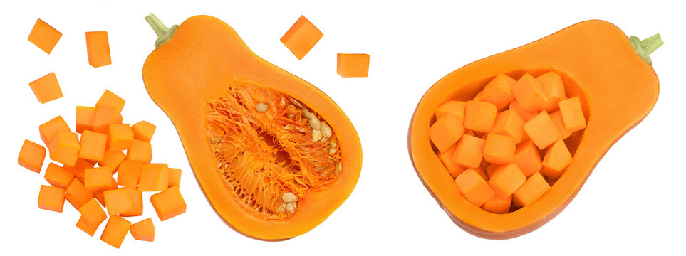 butternut squash diced isolated on white background with full depth of field. Top view. Flat lay