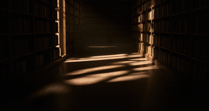 The shadows of the library stretch out, creating an illusion of depth and mystery.
