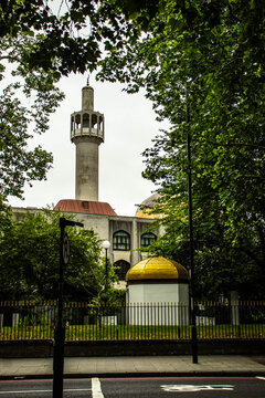 London, England, UK - London Central Mosque and its minaret framed by trees in Regent's Park.