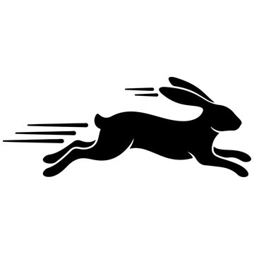 Running rabbit silhouette vector. Fast speed motion lines. Black hare jumping isolated on transparent background