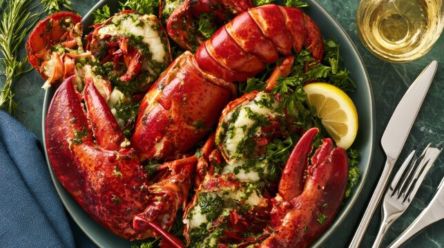 Knolling flat lay top-down view of a luxurious lobster cut in half, gourmet plating. 