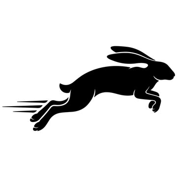Running hare silhouette vector. Jumping rabbit with speed lines isolated on transparent background