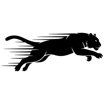 Running black panther vector graphic. Fast leaping wild cat silhouette with speed lines isolated on transparent