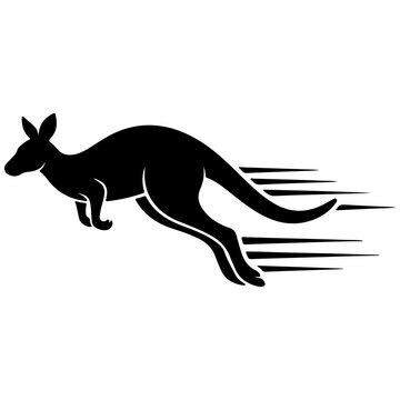 Running kangaroo black silhouette icon. Fast jumping marsupial with speed lines on transparent background