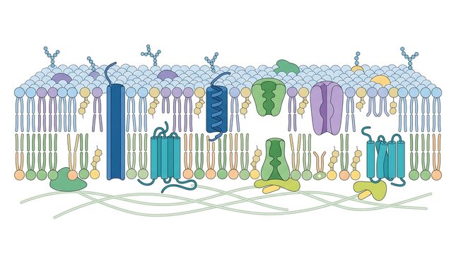 Detailed diagram of cell membrane fluid mosaic model showing phospholipid bilayer with embedded proteins and membrane receptors
