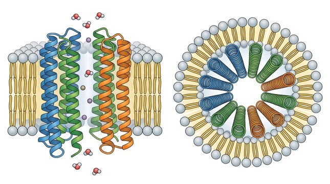 Cross section of ion channel protein in cell membrane showing transport of water molecules through transmembrane helices