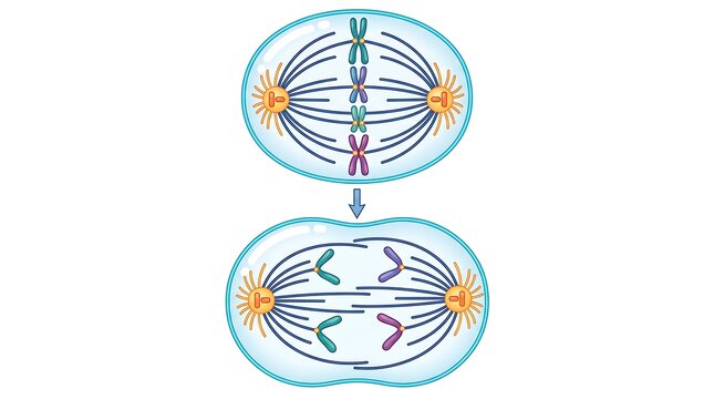 Mitosis cell division phases showing spindle fibers and chromosome separation illustration
