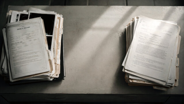 Stacks of medical records and patient files on a desk with copy space, representing healthcare documentation, case review and confidential information