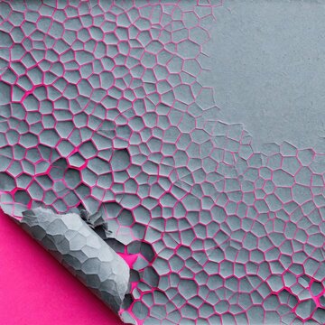 Abstract gray voronoi pattern sheet with a curled corner revealing a vibrant pink layer underneath