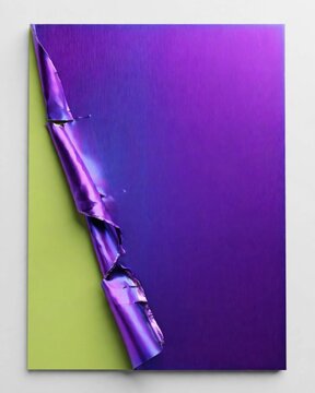 Purple anodized metal sheet with a curled edge revealing a lime green layer against a white background