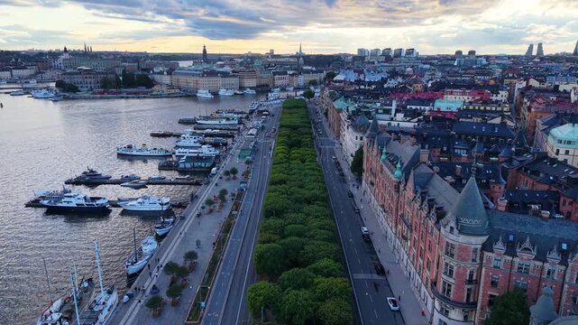 Waterfront aerial view of Strandvagen boulevard in Stockholm, Sweden
