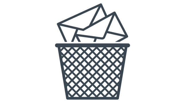 Digital trash bin vector graphic icon featuring paper mail envelopes for deleting unwanted electronic messages