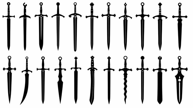 Sword silhouette collection, swords vector illustration. Medieval sword, dagger, cross guard. Black weapon designs, different shapes and styles isolated o