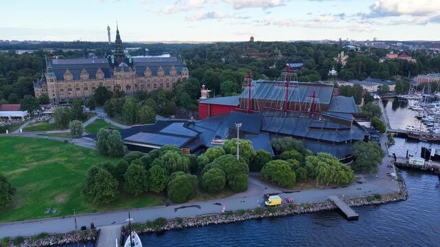 Drone view of Nordiska Museet (Nordic Museum) and Vasa Museum, Stockholm, Sweden