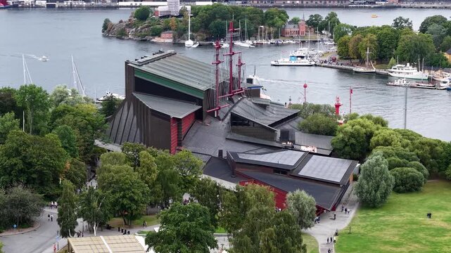 Drone shot of Vasa Museum (Vasamuseet) on Djurgarden island, Stockholm, Sweden