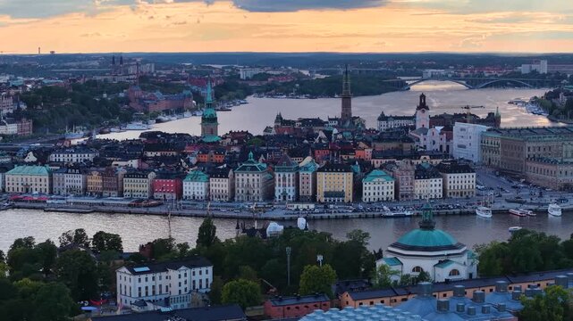 Bird's-eye view of Gamla Stan Old Town island at sunset in Stockholm, Sweden