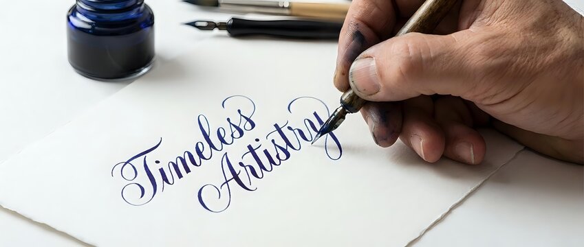 Male hand with medium skin tone writing calligraphy with brush pen on white paper, ink bottle visible, demonstrating lettering technique