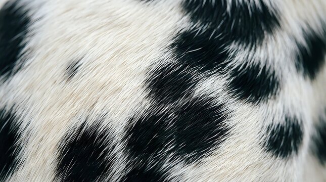 Close-up of black and white cow hide texture with natural fur pattern